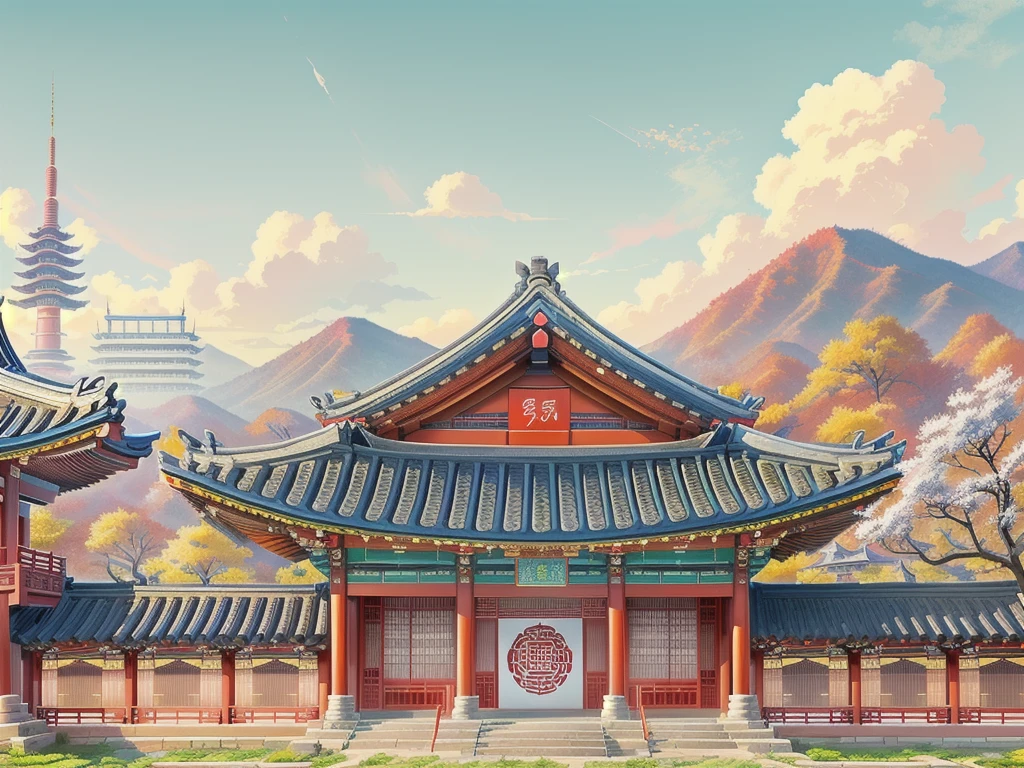 illustration：Traditional Chinese architecture，Pagoda in the background, Temple Background, Palace Background, Traditional Korean city, Korean traditional palace, Depicting the background of the temple, Dojo on the mountain, background technology, High School Background, Town Background, background technologywork, anime background technology, Anime Background, Korean Artist, Downtown Background, Pagoda Figures，Super Fine，Ultra Detail