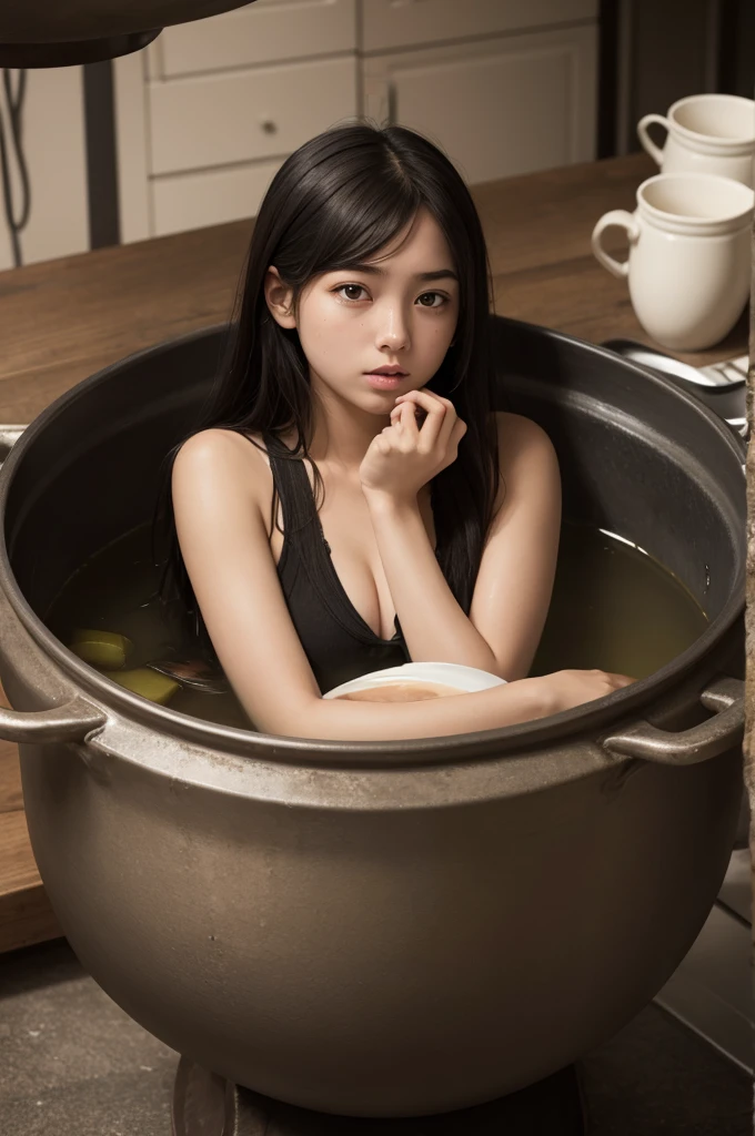 Girl being cooked in a cauldron full of soup