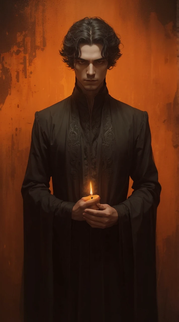 a man in long black clothes, with yellow details holding a candle, orange and yellow background, highly detailed, cinematic lighting, dramatic atmosphere, dark fantasy art, moody colors