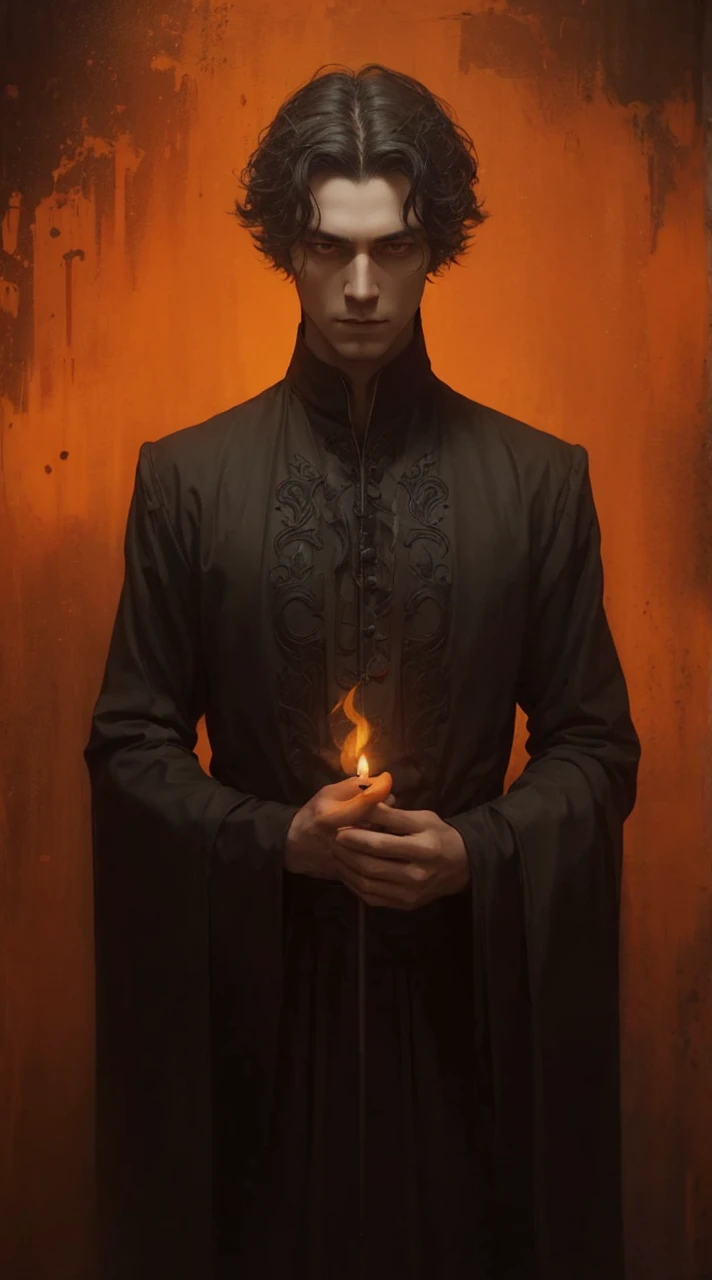 a man in long black clothes, with yellow details holding a candle, orange and yellow background, highly detailed, cinematic lighting, dramatic atmosphere, dark fantasy art, moody colors