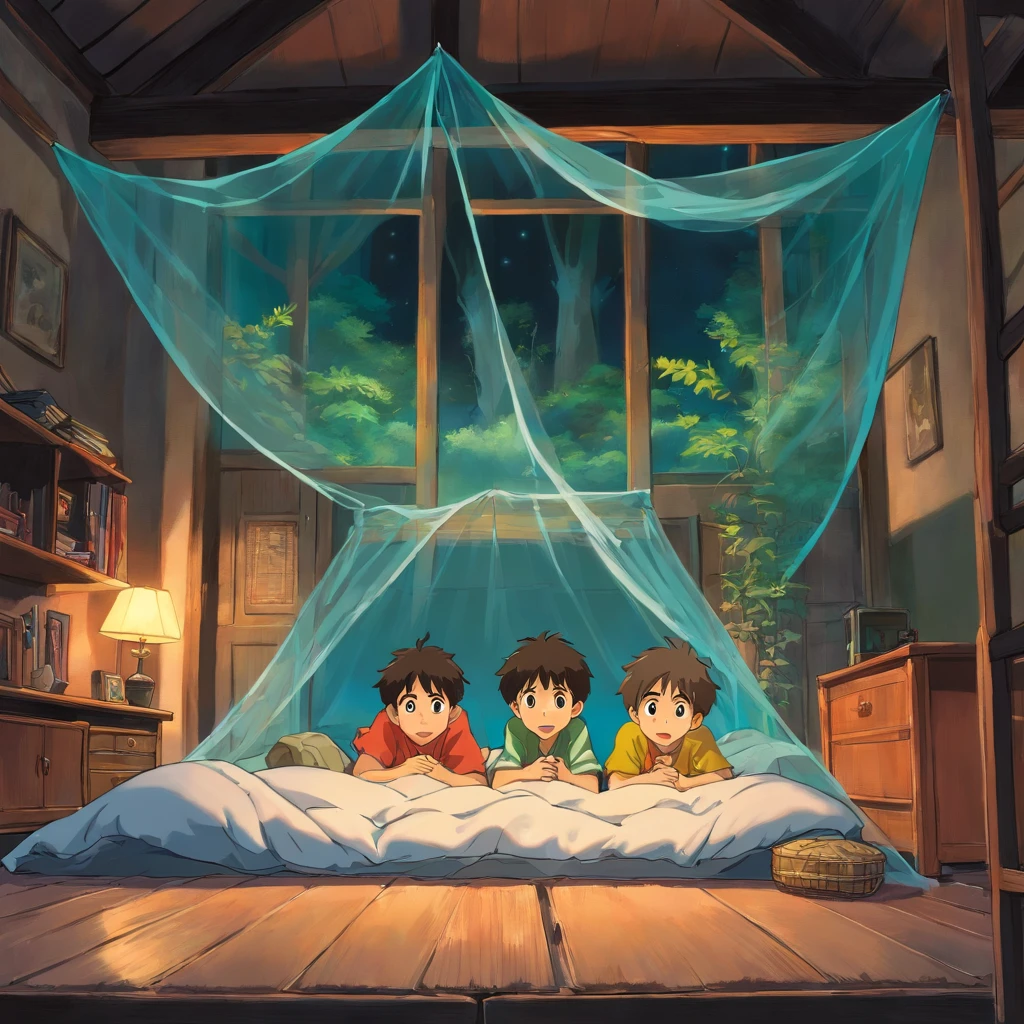 night　Three brothers playing under a futon laid out inside a mosquito net