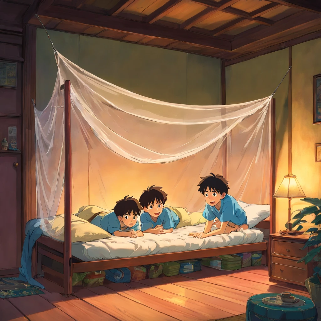 night　Three brothers playing under a futon laid out inside a mosquito net