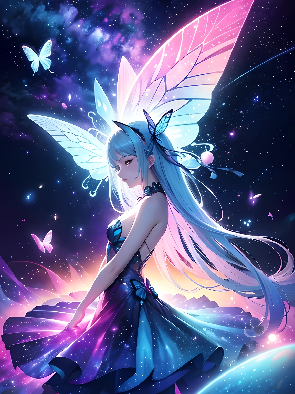 Dreamy ethereal art style, Space Fantasy, Vivid highly saturated colors, Surreal atmosphere, Vivid highly saturated colors, Captivating lighting, Best quality, butterfly dance, The background is the mysterious world of space, Space Fantasy, No humans, Sparkling Photos, Ultra detailed, masterpiece, 