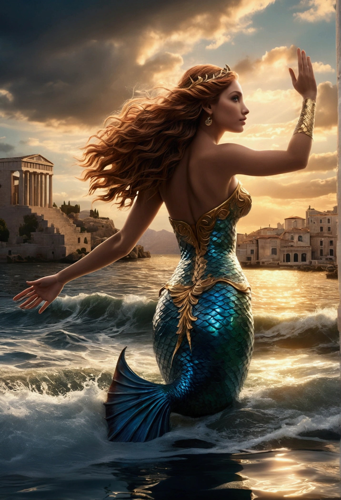 beautiful mermaid emerging from ocean, hand reaching out of water, ancient greek city skyline, dramatic lighting, cinematic, photorealistic, hyper detailed, (best quality,8k,highres,masterpiece:1.2),ultra-detailed,(realistic,photorealistic,photo-realistic:1.37),dramatic chiaroscuro lighting,dramatic clouds,dramatic ocean waves,intricate architectural details,ornate columns,detailed marble buildings,glowing sunset colors,dramatic lighting and shadows