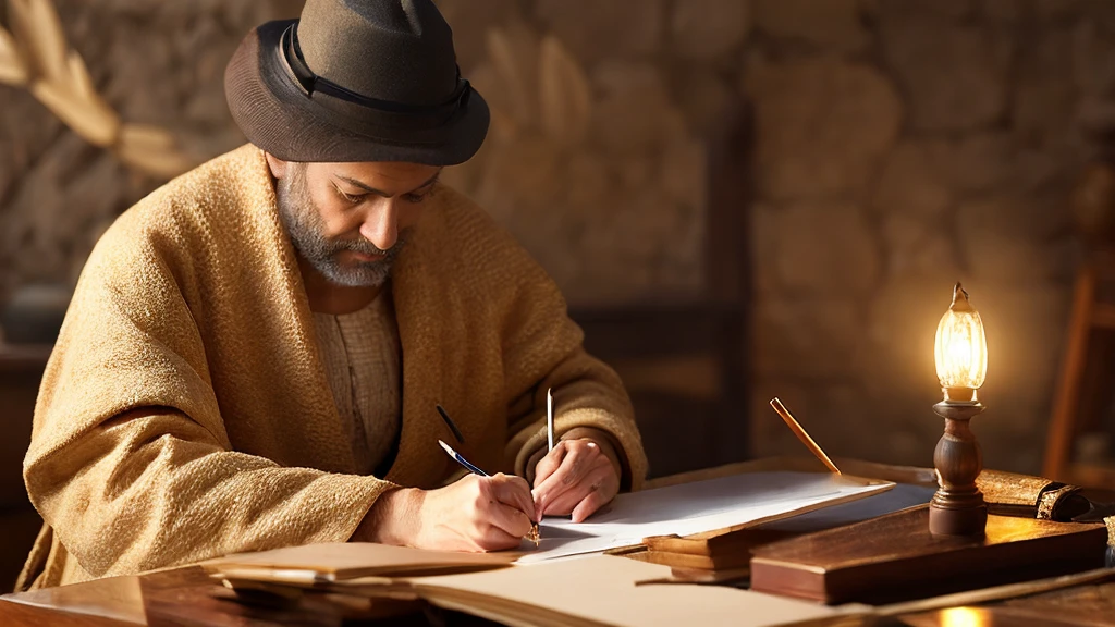 (((Ancient Israel)))、(((1st century)))、(((Man writing a letter)))、(((Quill pen)))、8k、Live Shooting、Highest quality、masterpiece:1.5、Ultra-lightweight and high resolution、Photorealistic:1.5、Cinematic Light、Soft Volumetric Lighting:1.5、Real、Photorealistic:1、detailedな皮膚、Professional Lighting、photograph、Sharp Focus、detailed、Professional Lighting、Photon Mapping、detailedで複雑な環境、非常にdetailed、Highest quality、美術的なphotograph、Photorealisticなコンセプトアート、Soft Natural Volumetric Cinematic Perfect Light、Mid Journey、detailedな手、