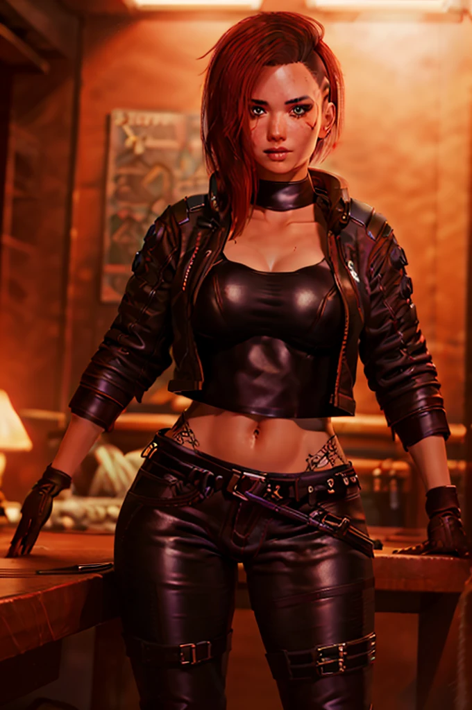 ((portrait shot)) a photo of a woman, (pants)  (shirt:1.2), 4k, high-res, masterpiece, best quality, (head:1.3), finely detailed skin, cleavage, pushup bra, neon, bedroom, (long Leather jacket:1.6), large breasts, sfw, (leather pants:1.5), tattoo sleeve