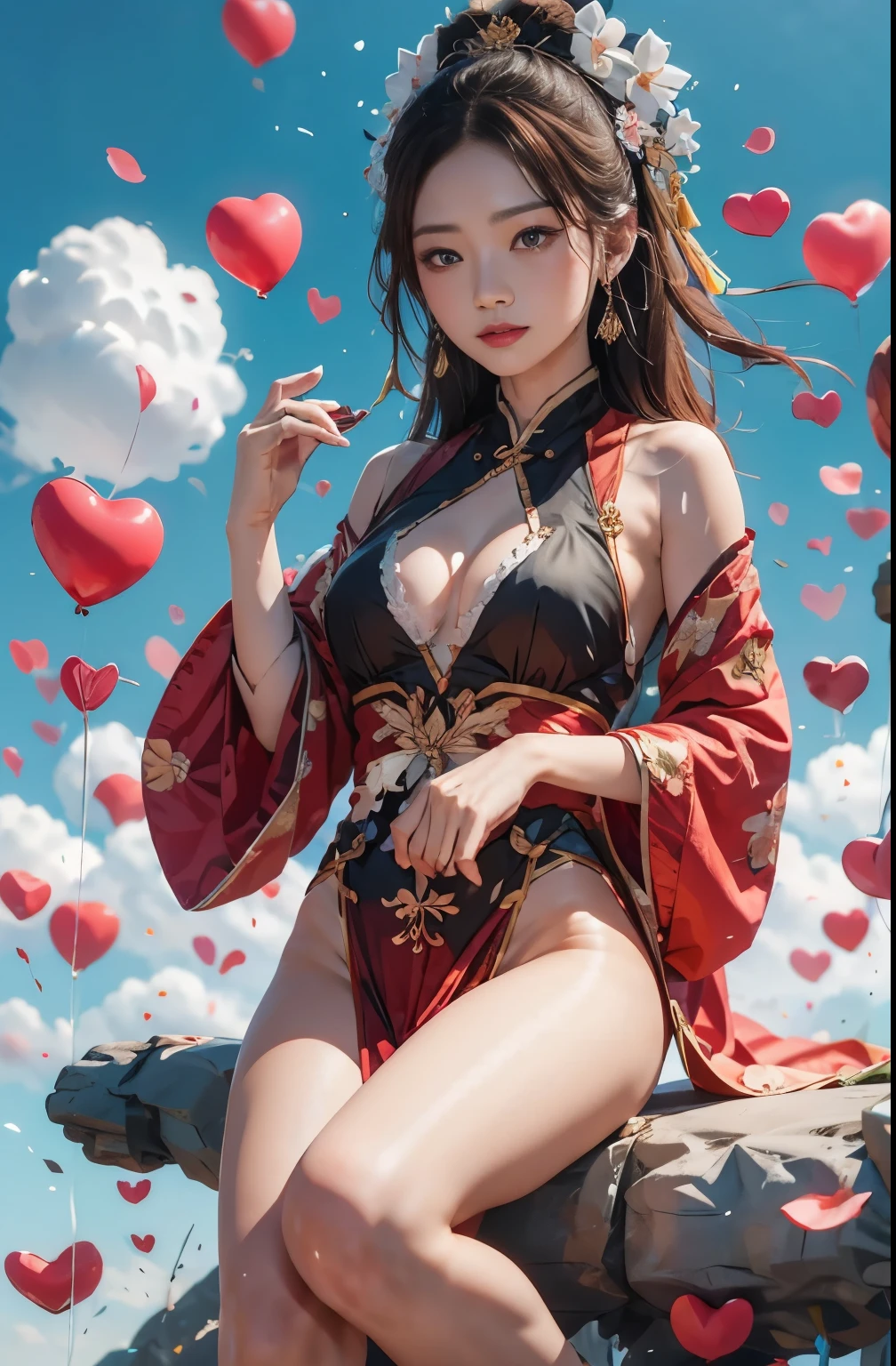 balloon，hand heart，Official Art， Unity 8k Wallpaper， Extremely detailed， Pretty and beautiful， masterpiece， Best quality， （Realistically：1.4）， （Dynamic Angle：1.4）， grace， Bright colors， ， Zhong Fenghua， 1 Girl， Lips slightly open， （Flowers twinkle：1.5）， （solo：1.5）， （Look at the lens：1.3）， Umbellate， （see through hanfu：1.3）， （Small Flower：1.5）， （plaster：1.3）， （Flowering：1.3）， Radiant Skin， （Floating colored flashes：1）The most beautiful form of chaos， （Pastel background：1.5）， （Traditional Chinese landscape painting background：1.3），  Full Body Love，Normal fingers，Only two hands，