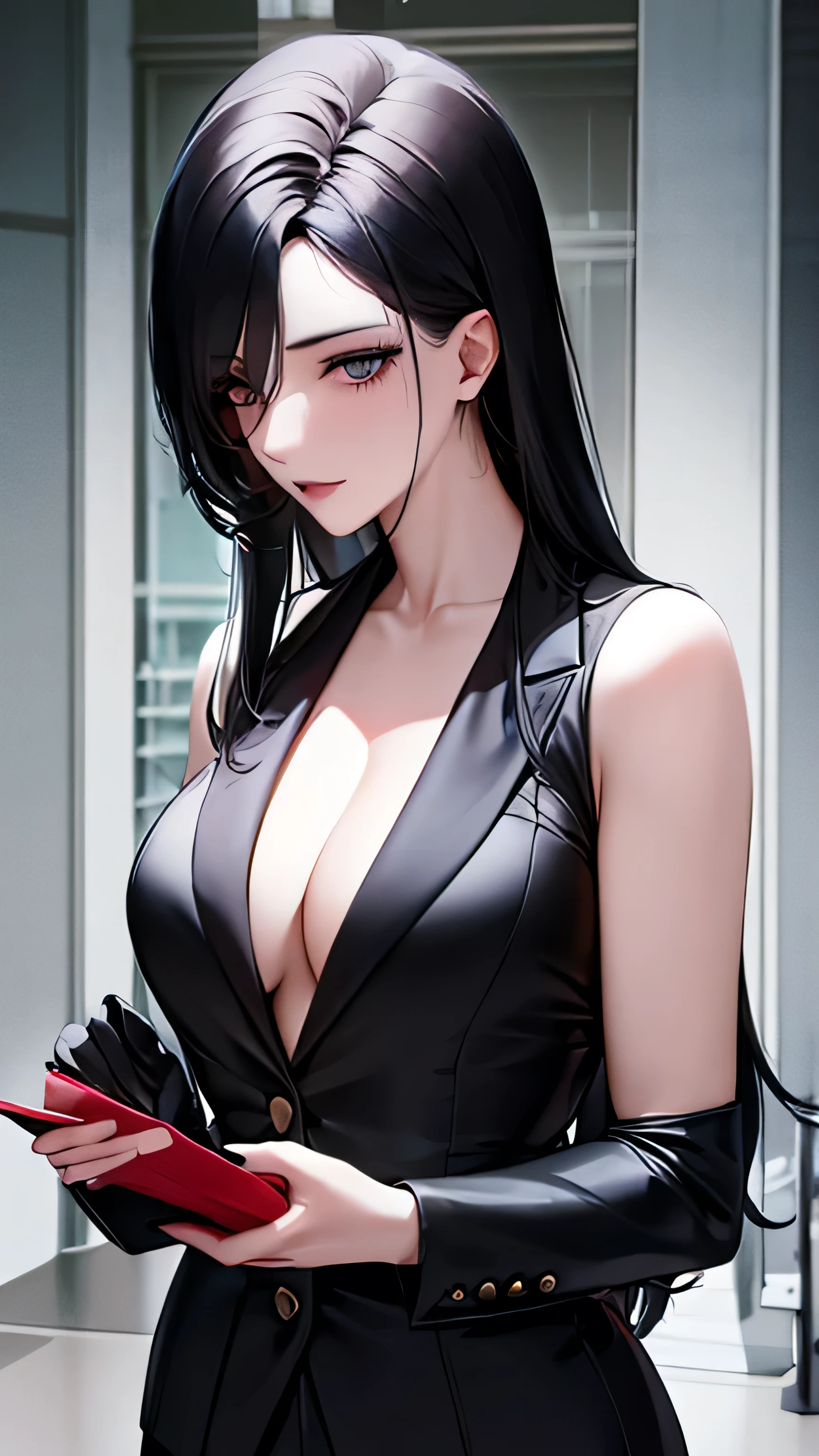 1 girl, 23 years old, long black hair, handsome face, sleeveless business suit, red tie,show cleavage, long black pants, black leather gloves, high quality, masterpiece