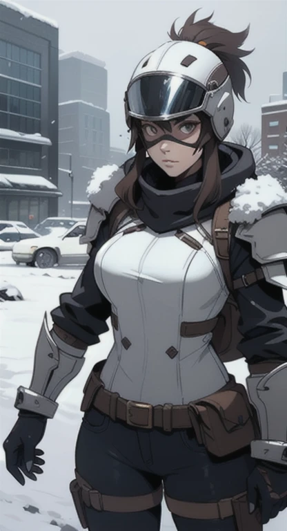 1girll, playgame, Large display, in helmet with winter mask and armor, pistol, post apocalypse, snowstorm, SFW, muted colors
