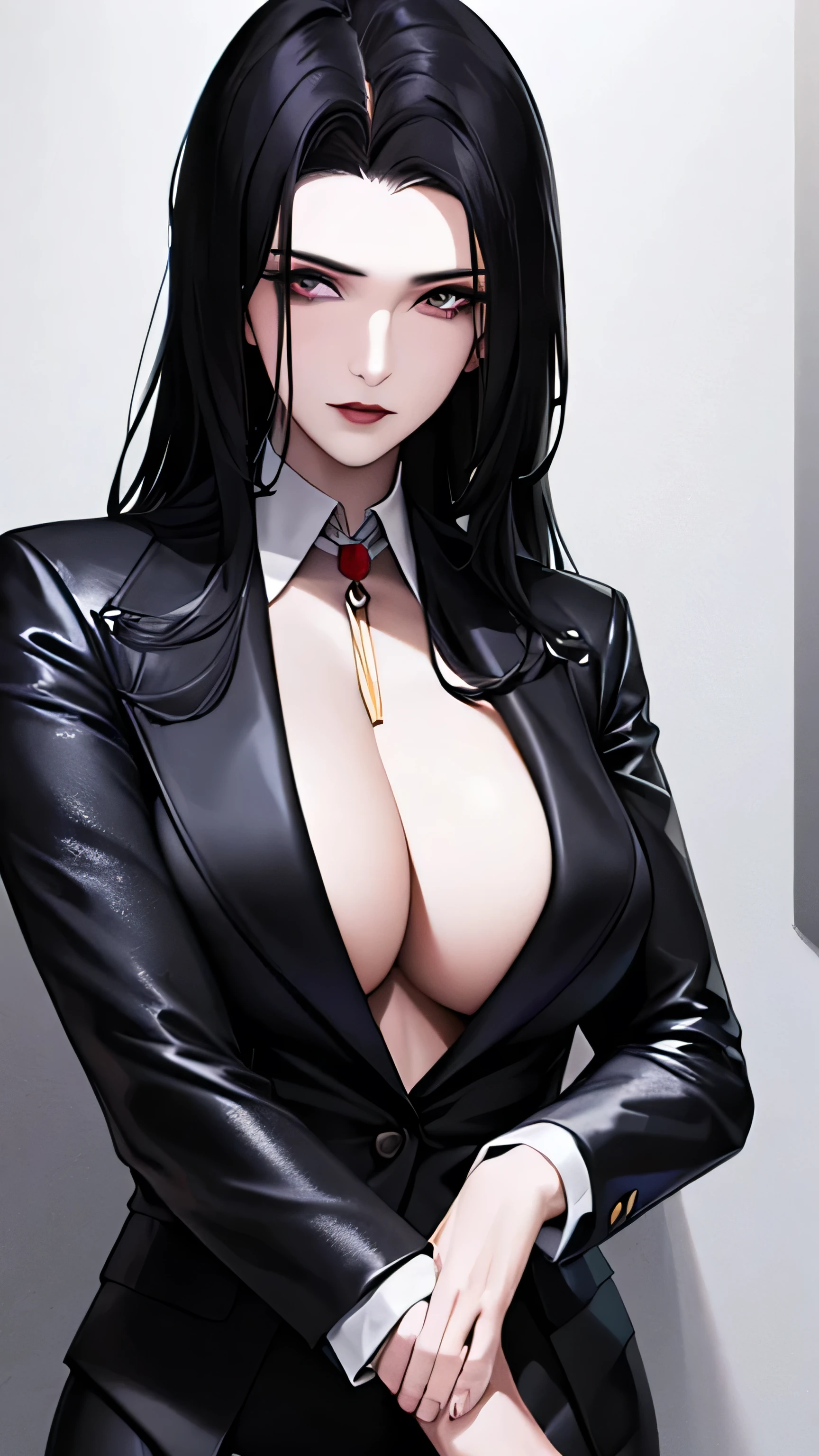 1 girl, 23 years old, long black hair, handsome face, sleeveless business suit, red tie,show cleavage, long black pants, black leather gloves, high quality, masterpiece