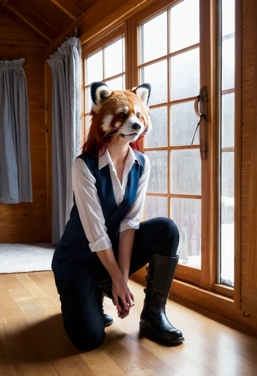 Solo, Score_9, score_8_up, score_7_up, kemono style, Kimiko, An Anthro furry red panda girl, red furry body, red panda tail, , black nose, red hair, braided hair, wearing white dress shirt underneath , dress shirt unbuttoned to show breast window, opened blue vest, wearing vest ,rolled up sleeves, black slacks, wearing pants ,black travel boots knee high, hand running through hair, in cabin house, moonlit night, mid angle shot, looking towards evidence on floor, worried serious expression, majestic, front view, kneeling with one foot down, checking evidence looking to side with head, toned athletic arms and legs, long legs, crime scene, one arm on leg, pensive, window open, fluttering curtain, junk on floor, pencil behind ear.