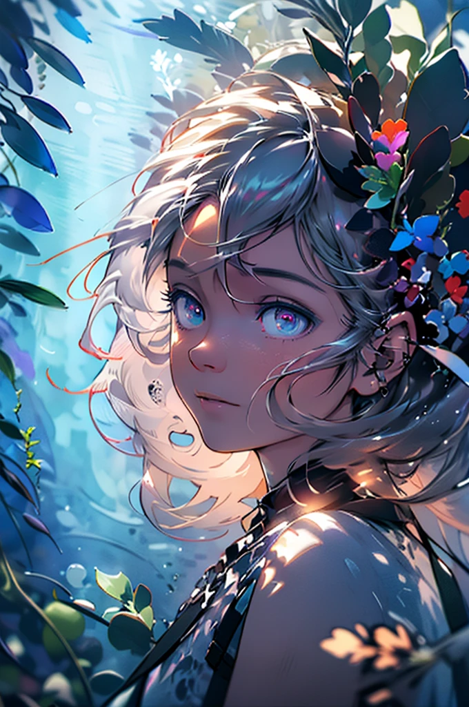 best quality,highres,(realistic:1.37),vivid colors,bokeh,portrait,DDAL,3D rendering,purple-toned lighting,detailed face,flowing hair,piercing eyes,surreal flowers,dreamy atmosphere,soft and delicate,ethereal,romantic,minimalistic.
