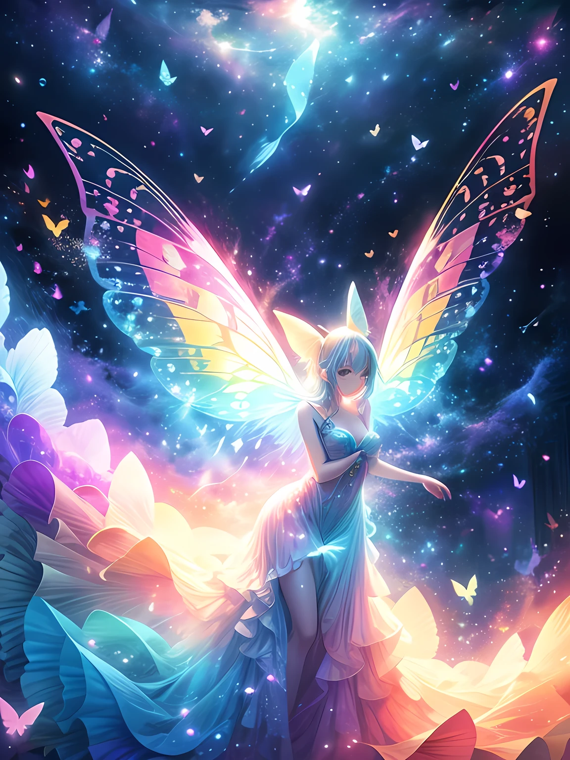 Dreamy ethereal art style, Surreal atmosphere, Vivid highly saturated colors, Captivating lighting, Best quality, butterfly dance, The background is the mysterious world of space, Space Fantasy, Minimalist Geometry, A cute little fairy, 