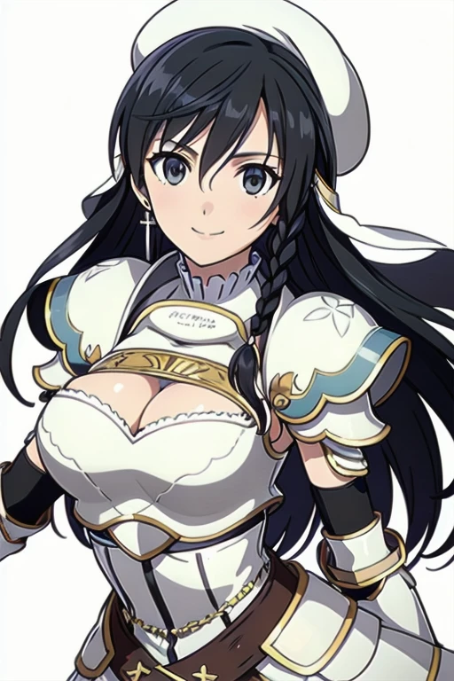 Sonia Blanche, cross earrings, hair ornament, veil, armored dress, pauldrons, breastplate, gauntlets, belt, skirt, greaves, (white beret), 1girl, solo, upper body, big breasts, facing viewer, looking at viewer, smile, hands on hips, (simple white background)