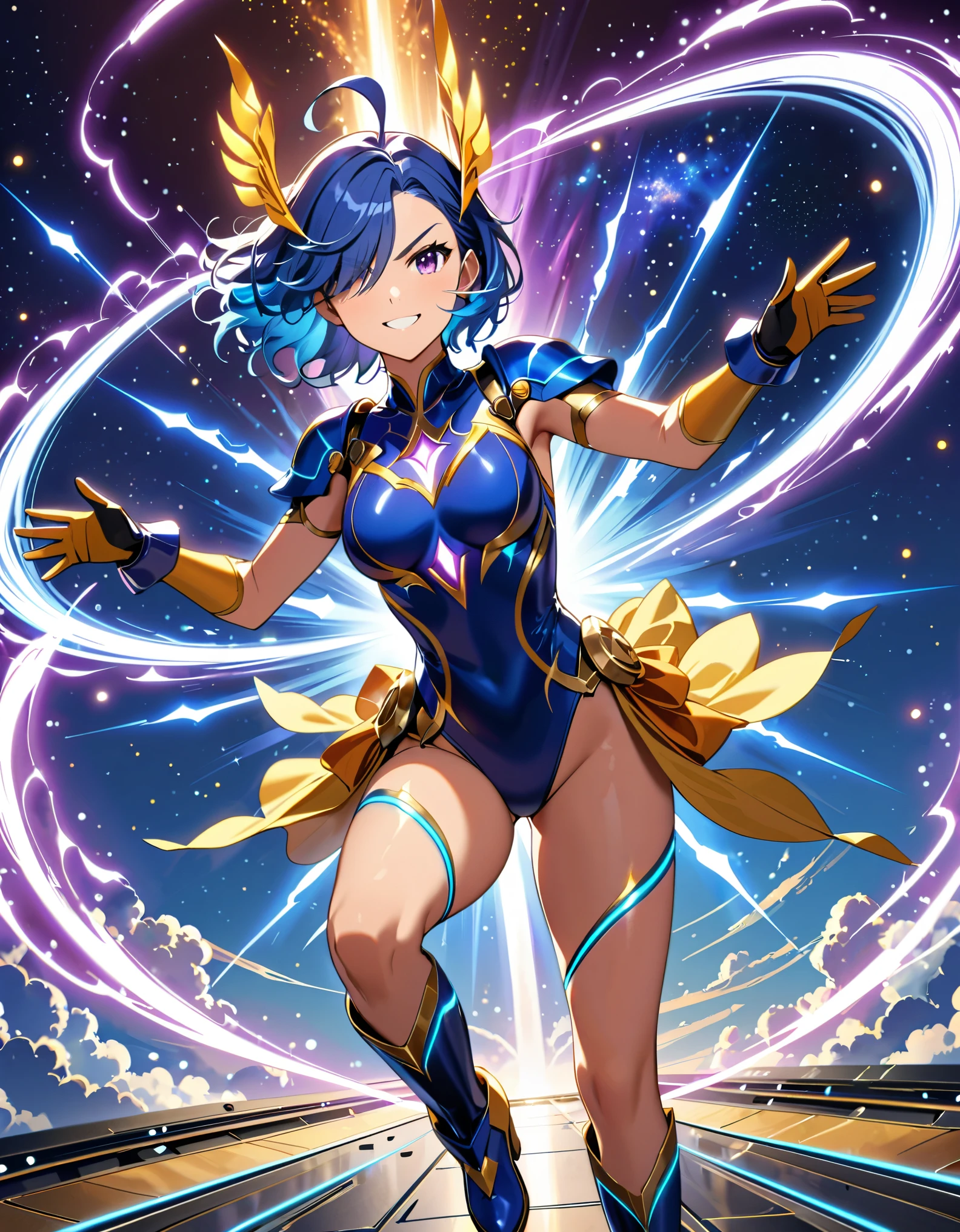 (masterpiece, best quality, high quality, highres:1.4), detailed, extremely detailed, ambient soft lighting, 4K, 1lady, solo, solo focus, beautiful french woman, perfect anatomy, medium breasts, ((leotard, purple and blue leotard with white accents, bare legs)), ((yellow scorpion (symbol) on chest)). boots, matching boots, (perfect hands:1.2), gloves, matching gloves, blue hair, medium hair, (hair over one eye:1.3), ahoge, purple eyes, beautiful detailed eyes, beautiful detailed face, full body. v-shaped eyebrows, smile, outer space backdrop, (power, aura, blue aura), energy pulse, diffraction spikes, light particles, time warp, ripples. full body costume design. (T-pose, legs together). (spins fast in place like a tornado, whirls fast in place like a tornado, tornado whirling, spiral lines around her, spinning energy pulse around her, storm winds around her, whirls into a tornado, (she whirls) in (super speeds)). full body costume design. curved sword slash. she super-spins.