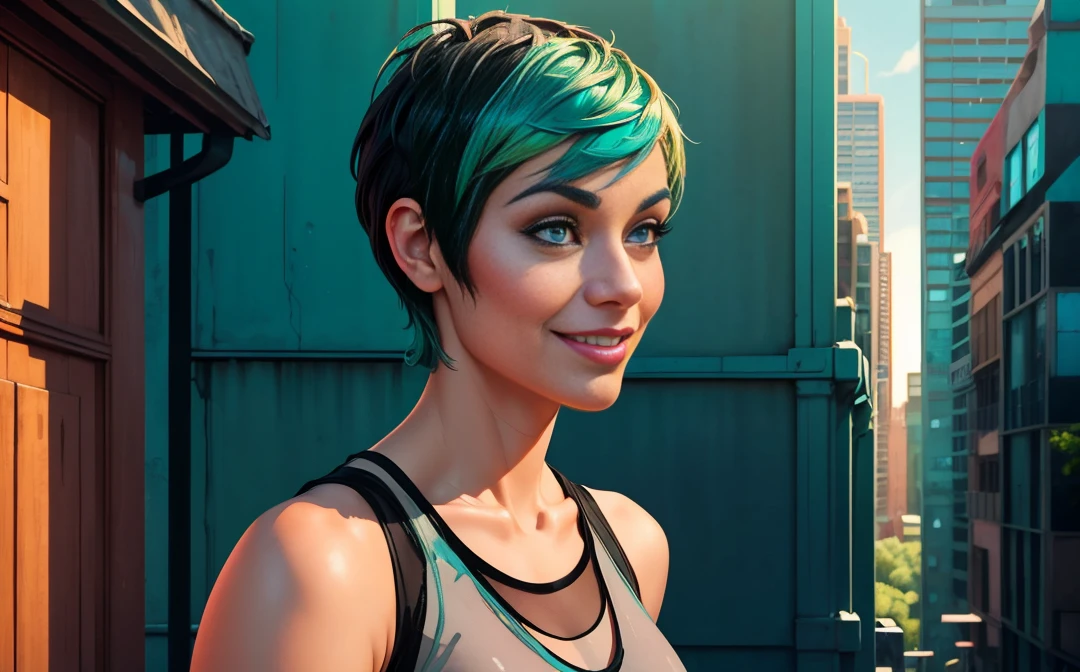 Latina, adult, pixie haircut, green hair, small insect wings on back, ((sheer thin black tank top with grey leggings)), smile, Enchanting, Vivid colors, Turquoise, Soft Coral, Fantasy world, Digital painting, Iridescent accents, Elegant, HD, Highly detailed, urban setting, Beautiful woman, Realistic face, Natural photography, Ultra HD