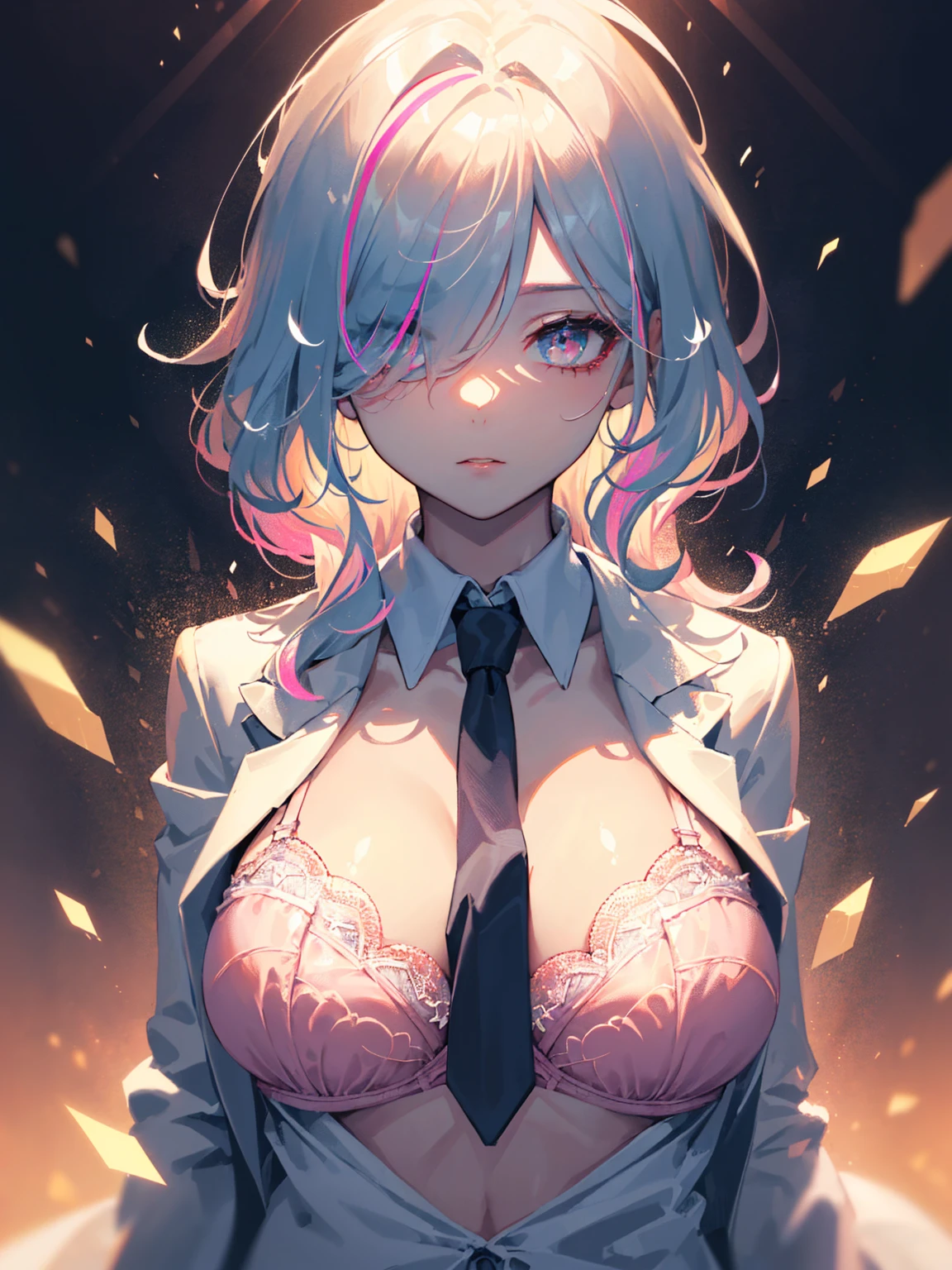 (sharp focus:1.2), masterpiece, ultra detailed, cinematic lightings, volumetric lighting, attractive young woman, (beautiful face:1.1), detailed eyes, luscious lips, (perfect body:1.2), perfect breasts, round breasts, upper body, (wavy hair:1.2), wearing (white suit:1.2), (commader suit:1.2), (mdeal:1.4), (detailed colored necktie:1.3), (open suit:1.2), (exposed bra:1.3), (bra peek:1.4), (moody lightings:1.2), (light rays:1.2), depth of field, bokeh, 4K, HDR. detailed iris, sparkle eyes, star in eyes, enchanting pink eyes, (multicolored eyes), (shining dust), (pink hair:1.3), (messy hair:1.3), (hair between eyes), (hair over one eye:1.2), (wavy hair:1.1)