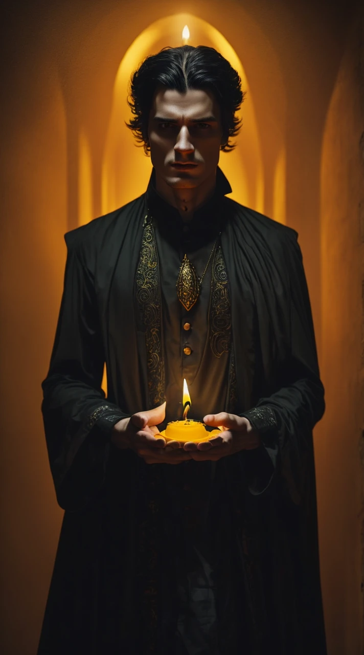 a man in long black clothes, with yellow details holding a candle, orange and yellow background, highly detailed, cinematic lighting, dramatic atmosphere, dark fantasy art, moody colors