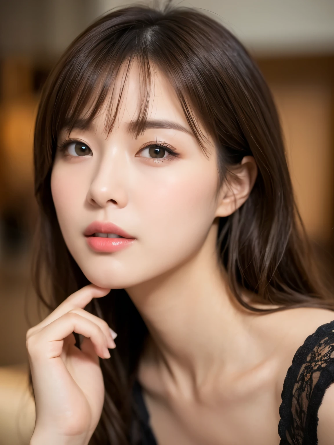 (Photorealistic、Masseter muscle area、Highest quality、High resolution、RAW Photos)、(full body, glamorous body,Perfect Detail)Realistic、Bright lighting、Face Light、Smooth Professional Lighting、pretty girl、Beautiful woman、Modeled、gravure、natural makeup、so beautiful、Realistic and beautiful skin、plum thighs, Beautiful and detailed、Detailed face、Big tits、Cleavage、wavy hair、Brunette colored hair、few bangs, Brown eyes, cute face, plump lip, Straight nose, large dark eyes, Sharp chin line, upturned nose, looking at the camera、 Seductive Pose, Sexy lingerie++,Enraptured eyes
