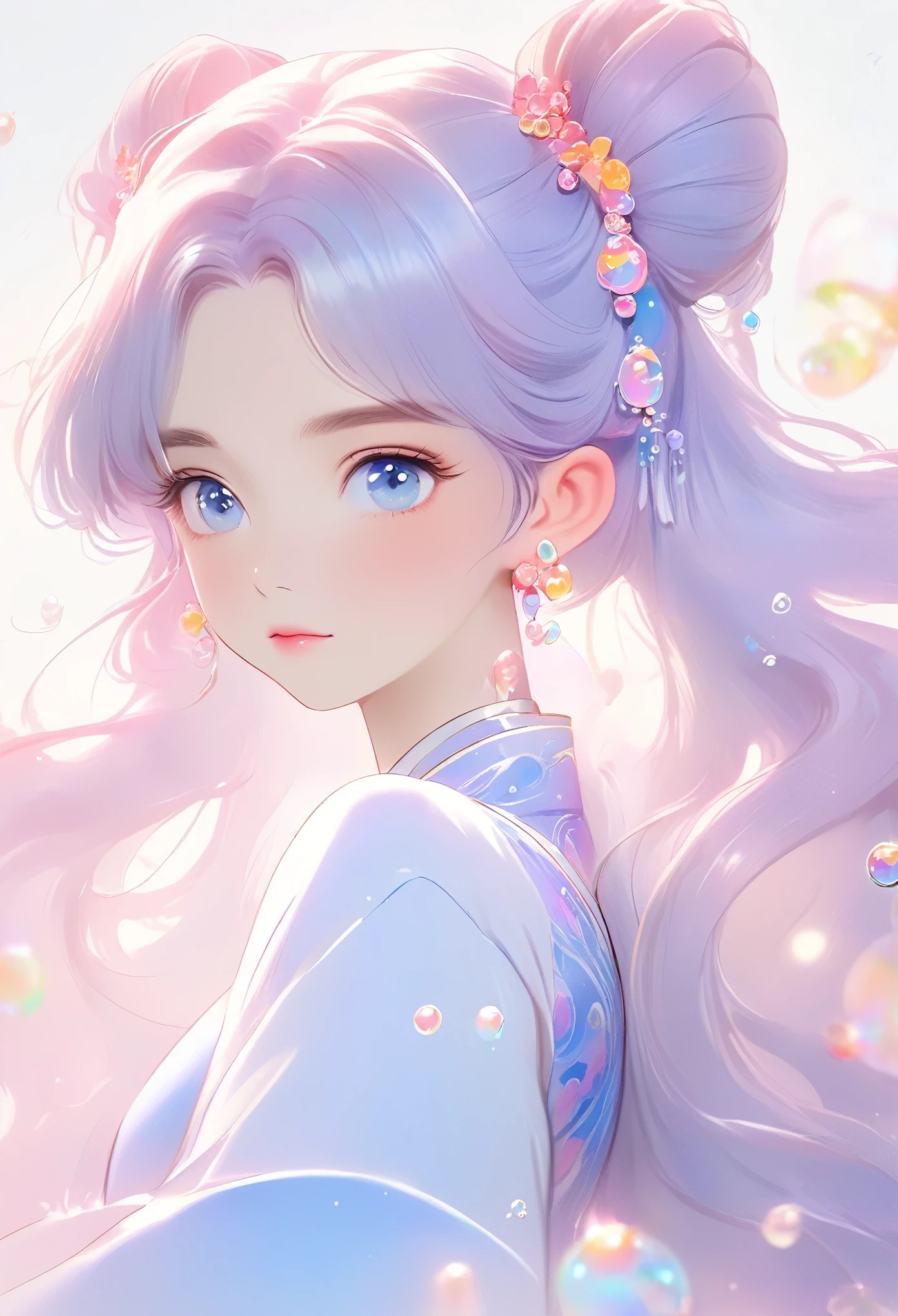 (masterpiece), (best quality), (Very detailed), (Dirty hair), (illustration), (1 girl) (Long pink hair 1.5) (blue eyes) (Twintails 2.0), ((((No shoulder))),Hanfu, (Looking at the audience, (interview), (Simple background), Beautiful and delicate eyes, Delicate and beautiful face, spiked (High Saturation), (Colorful flash), Colorful bubbles, (flash), Facial highlights, PerfectNwsjMajic, Conservative clothing, No shoulder, Autumn clothing, For the masses, Perfect body,