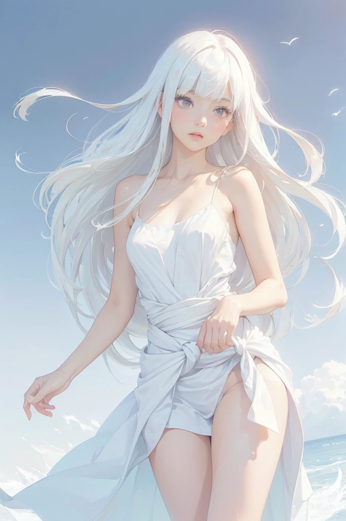 Dreamy pastel painting,　whole body，((One girl))，Realistic，lips，Tabletop，Highest quality，Realistic feel，(((Smooth straight hair　Bangs longer than the waist, beautiful, Flowing white hair:1.6)))，beautiful目，Skin Texture，Delicate silk，Long hem，Prism Rotation，(Princess Decoration，Baby Pink:1.2)，detailed，(((Gazing into the distance))), Pink Coat，moving composition，Against a deep background，Feathers in the sky，it was foggy, Bokeh, it was foggy, Dutch Angle, Afterimage, Minimalism，Different world，Movie-like scene, Cinema Lighting，超beautifulポートレート, Abstract background