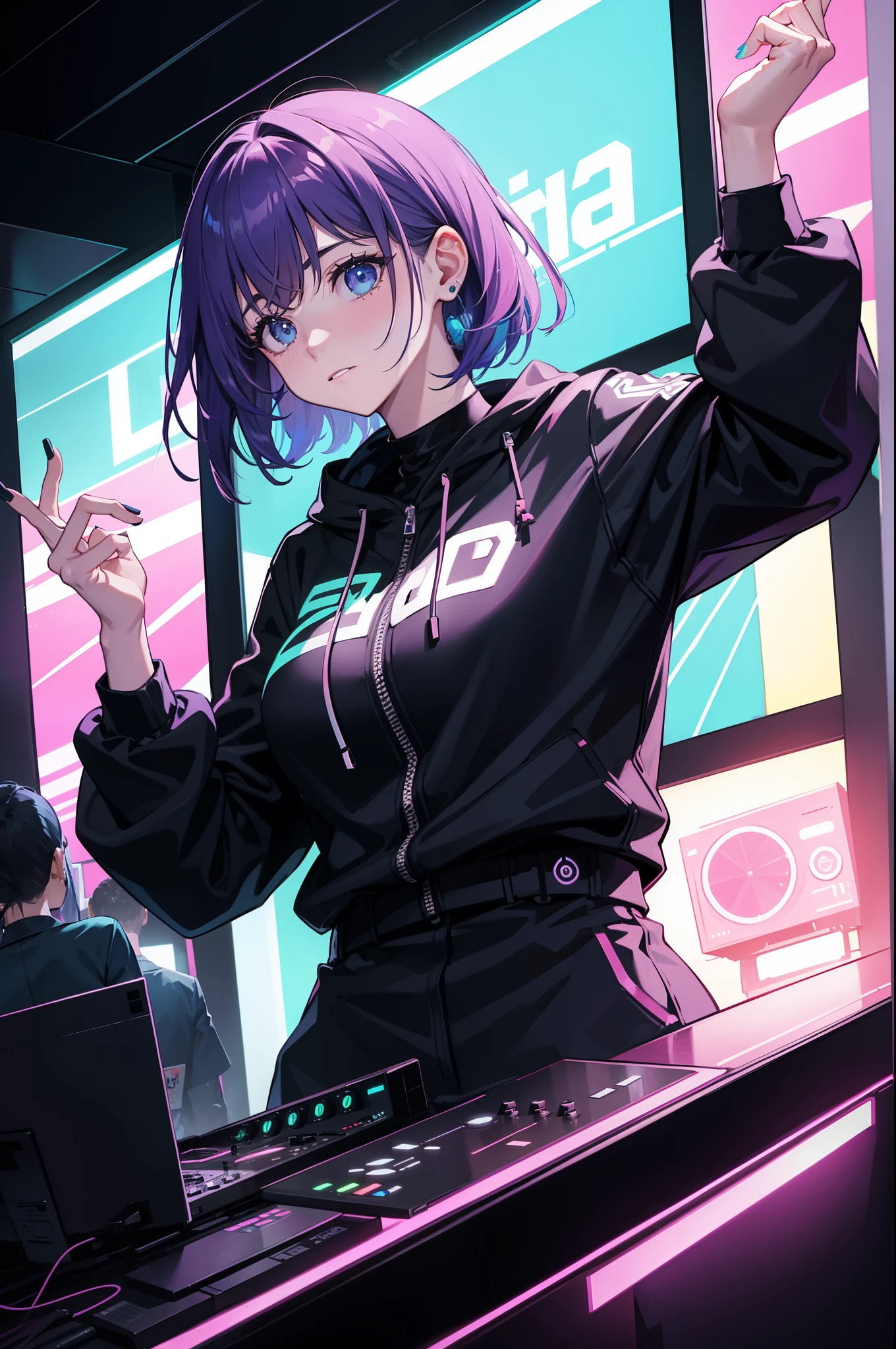 The woman playing dj in the club, neon light