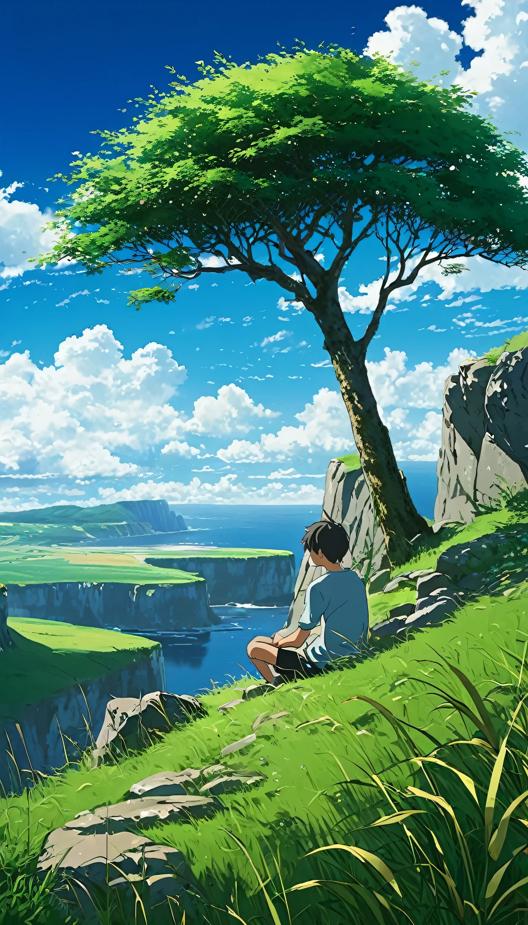 A boy sitting under a tree near a cliff in the grassland , See the vast blue sky with fluffy clouds and brushstrokes , Tall Grass Stone, , Makoto Shinkai Cyril Rolland, anime art wallpaper 4k, anime art wallpaper 4k, animated background, Anime art wallpaper 8K, animated background art, anime landscape wallpapers, Awesome Wallpapers, High-resolution wallpapers, 4k anime wallpaper, 4k anime wallpaper, Aries Moros art,art:Bob Byerly , Ashley Wood art AI, Greg Rutkowski