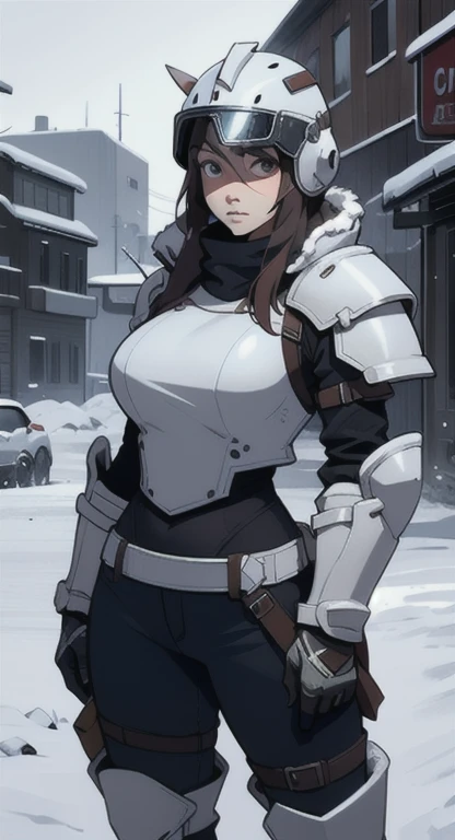 1girll, playgame, Large display, in helmet with winter mask and armor, knife, post apocalypse, snowstorm, SFW, muted colors