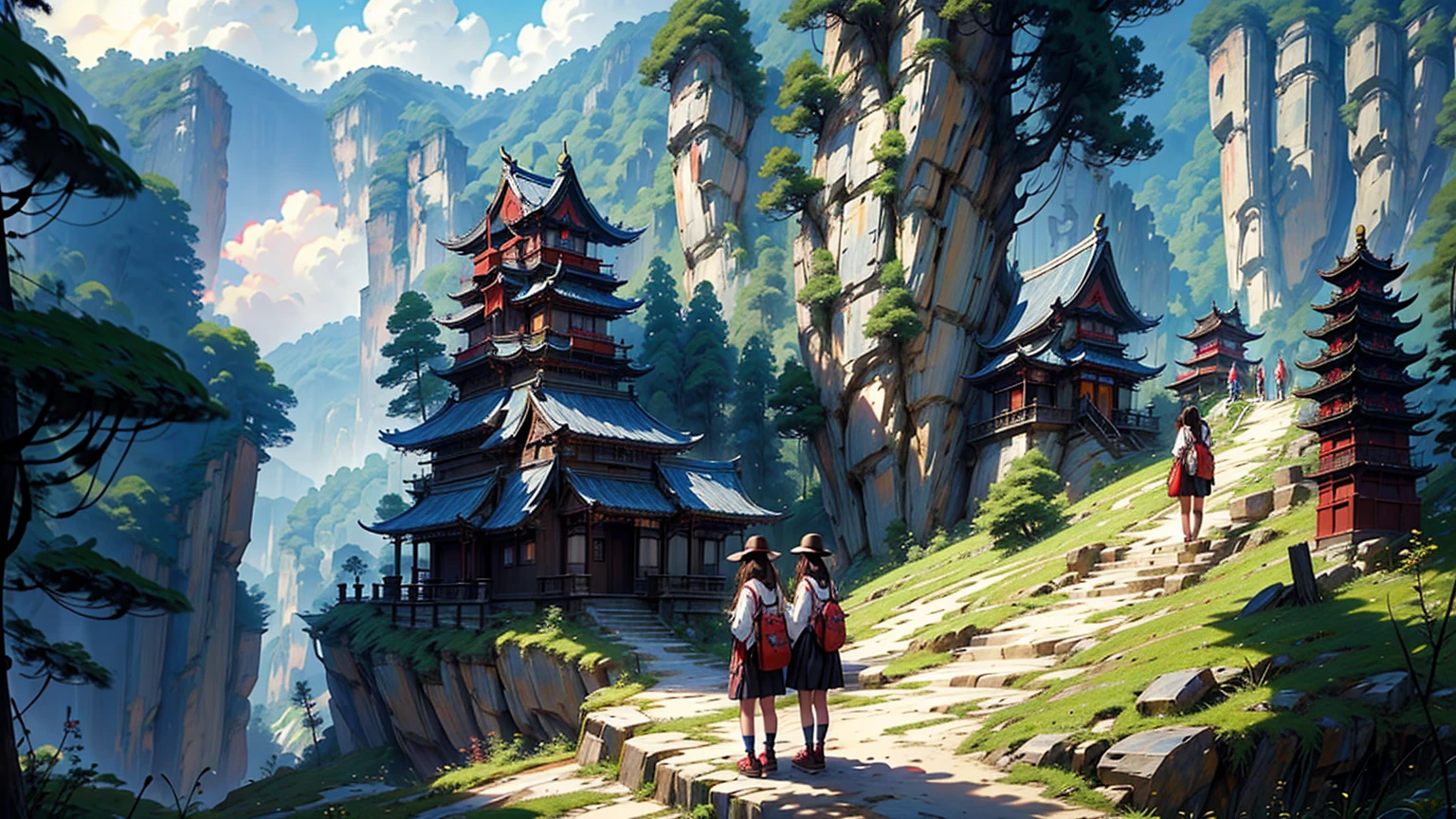 (masterpiece), (best quality), (ultra detailed),),Zhangjiajie national forest park, tianmen mountain, zhangjiajie grand canyon, anime girls visit the Chinese national park, they are excited and happy standing on a ancient well kept wall, in the background is tianmen mountain and zhangjiajie grand canyon