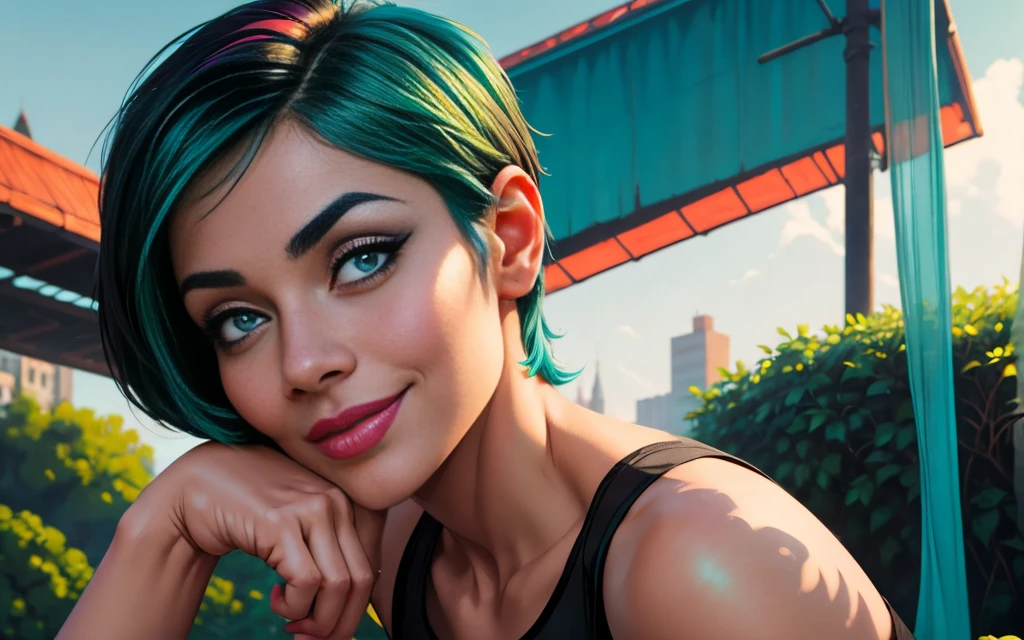Latina, adult, pixie haircut, green hair, small insect wings on back, ((sheer thin black tank top with grey leggings)), smile, Enchanting, Vivid colors, Turquoise, Soft Coral, Fantasy world, Digital painting, Iridescent accents, Elegant, HD, Highly detailed, urban setting, Beautiful woman, Realistic face, Natural photography, Ultra HD, leaning on their side