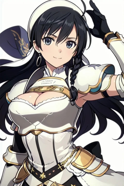 Sonia Blanche, cross earrings, hair ornament, veil, armored dress, pauldrons, breastplate, gauntlets, belt, skirt, greaves, (white beret), 1girl, solo, upper body, big breasts, facing viewer, looking at viewer, smile, hands on hips, (simple white background)