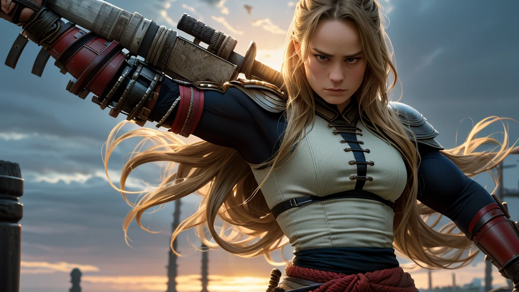 ((1 girl)), brie larson is a samurai with the perfect feminine bodybuilder physique dressed like samurai, standing atop a building looking out to the sea., dressed in lightweight samurai armor, showing abs and arms, showing thights, her body is the most alluring one as she looks into the camera, while we see her whole body. at dawn, in winter, Northern Europe, masterpiece detailed face, ultra realistic