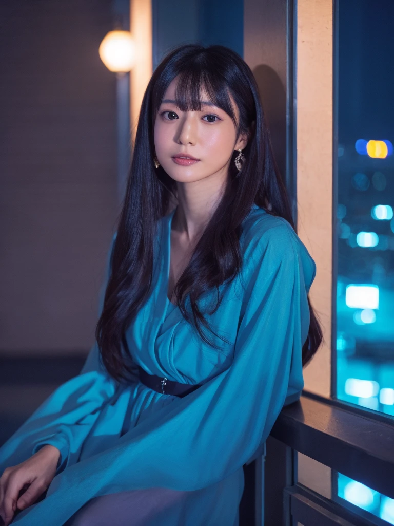 Moeko Yuki,High resolution, beautiful girl, Black Hair, Long Hair, Blue Dress, Chest exposed, Night view, Urban Department, rooftop