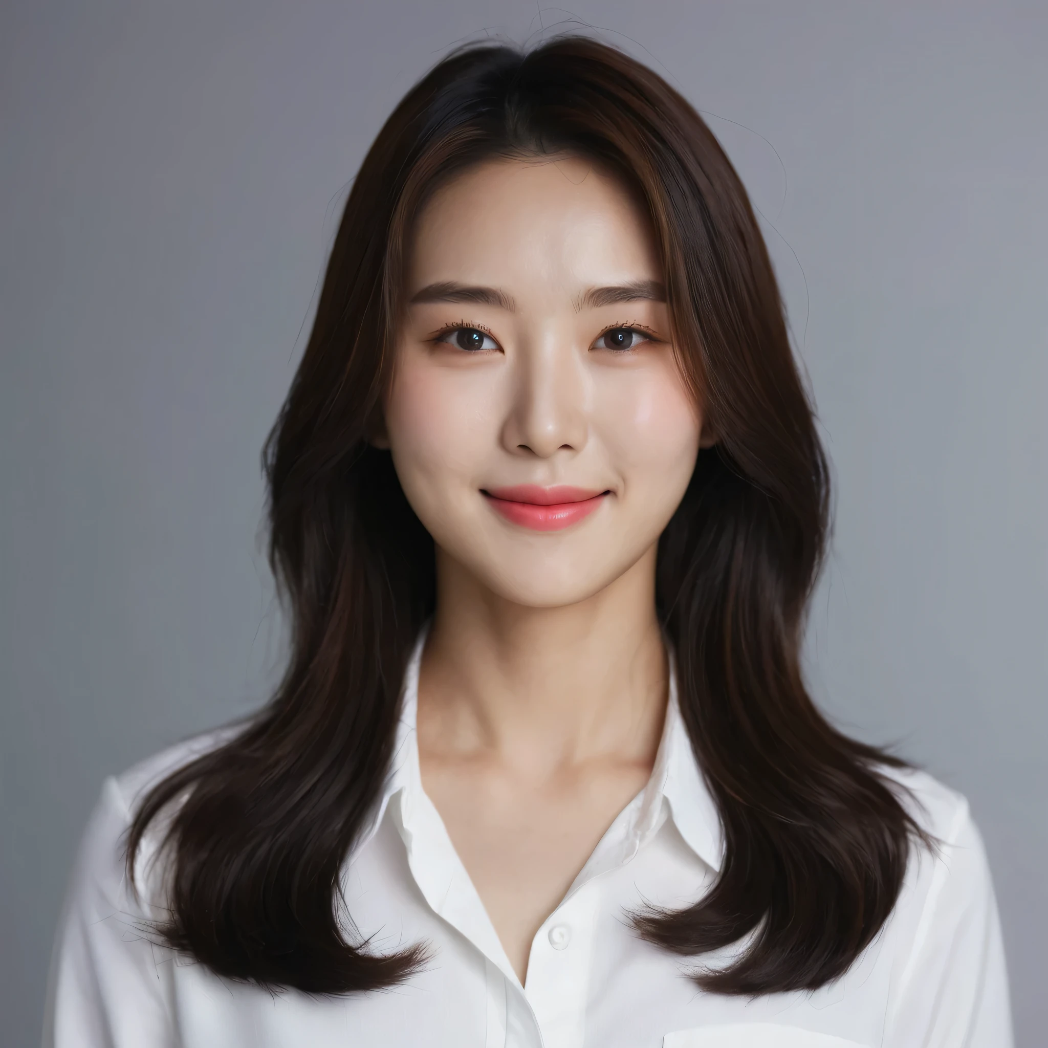Best Quality, 8k, Masterpiece, (Portrait: 1.3), (photo realistic:1.4), (hyper realistic:1.4), Sharp Focus, looking at viewer, (smoother lighting:1.1), (increase cinematic lighting quality:0.9), realistic lighting, backlighting, light on face, ray trace, (brightening light:1.2), (Increase quality:1.4), sharp detail, (best quality real texture skin:1.4), finely detailed eyes, black_eyes, finely detailed face, 25 year old Korean woman, smiling_face