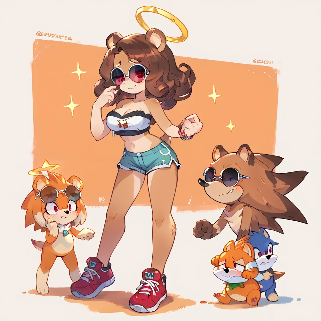 score_9, score_8_up, solo, mobian, hedgehog, two-tone fur ((orange fur, brown fur)), pyjama elastic shorts, strapless crop top, cleavage, high-top sneakers, two-tone hair (brown hair, black tip)), curly hair, halo, sunglasses, jewelry, red eyes, longeyelashes, red eyes, smile, shy, blush