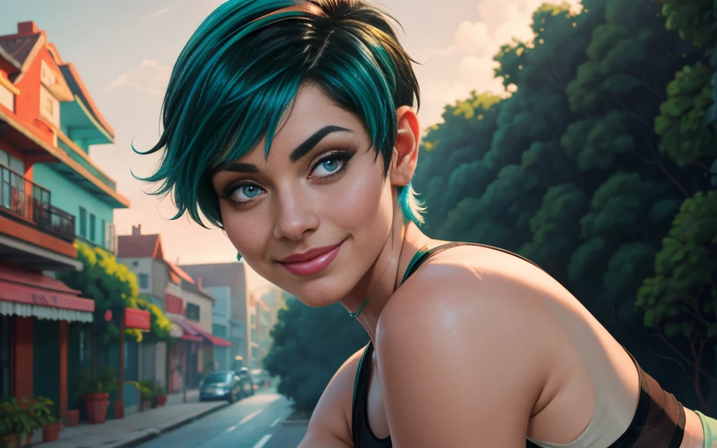 Latina, adult, pixie haircut, green hair, small insect wings on back, ((sheer thin black tank top with grey leggings)), smile, Enchanting, Vivid colors, Turquoise, Soft Coral, Fantasy world, Digital painting, Iridescent accents, Elegant, HD, Highly detailed, urban setting, Beautiful woman, Realistic face, Natural photography, Ultra HD, leaning on their side
