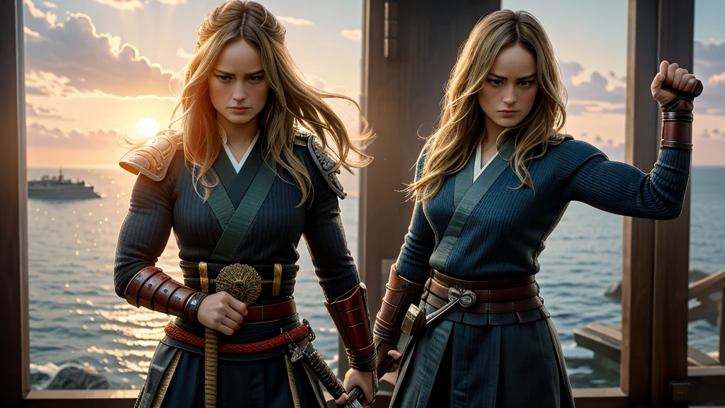 ((1 girl)), brie larson is a samurai with the perfect feminine hypermuscular physique dressed like samurai, standing atop a building looking out to the sea., dressed in lightweight samurai armor, showing abs and arms, showing thights, her body is the most alluring one as she looks into the camera, while we see her whole body. at dawn, in winter, Northern Europe, masterpiece detailed face, ultra realistic