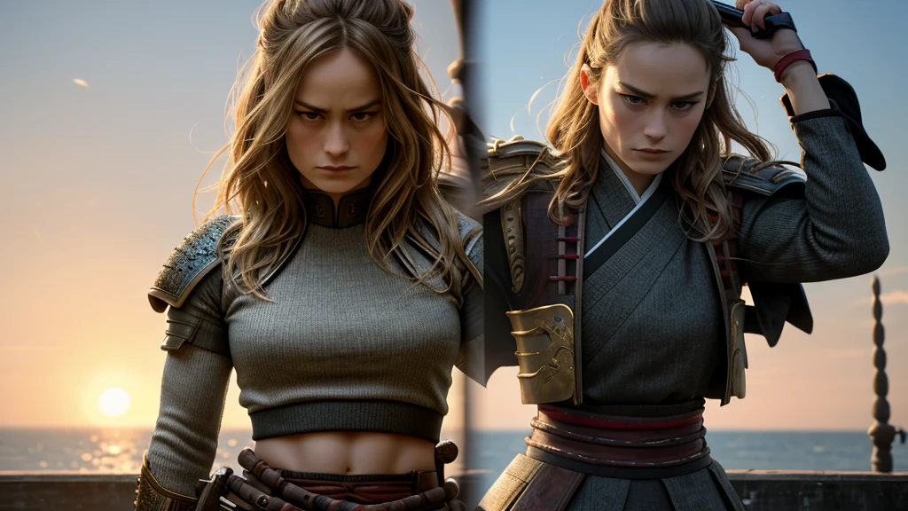 ((1 girl)), brie larson is a samurai with the perfect feminine hypermuscular physique dressed like samurai, standing atop a building looking out to the sea., dressed in lightweight samurai armor, showing abs and arms, showing thights, her body is the most alluring one as she looks into the camera, while we see her whole body. at dawn, in winter, Northern Europe, masterpiece detailed face, ultra realistic