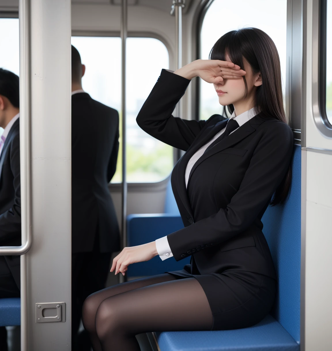 score_9, score_8_up, score_7_up, uncensored, realistic, in train, tokyo, (at night:1.2), from side,
1girl, cute, japanese, black hair, long hair, bangs, covering eyes, closed mouth, (gigantic breasts), short torso,
(business suit:1.2), office_uniform, (black suit:1.3), white shirt, pencilskirt, pantyhose, 
sitting on train long seat,  one hand on breast,