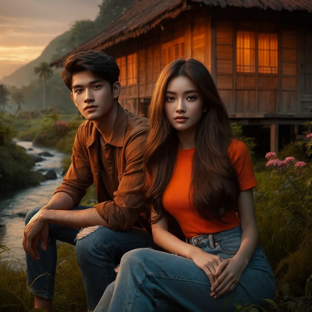 two individuals, a beautiful Indonesian woman aged 20 years, oval face, beautiful long hair. Realistic skin, ideal body. wearing an orange t-shirt. and ripped jeans. and a man is looking warm, Indonesian, 22 years old, realistic skin. wearing a shirt and jeans. sitting in front of a traditional wooden house on the edge of the forest, beside it a clear flowing river. Green grass and various flowers add to the comfortable twilight atmosphere.