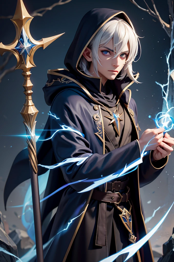 Male dark elf wizard, staff, lightning, robes, cloak, magic, (((masterpiece)))