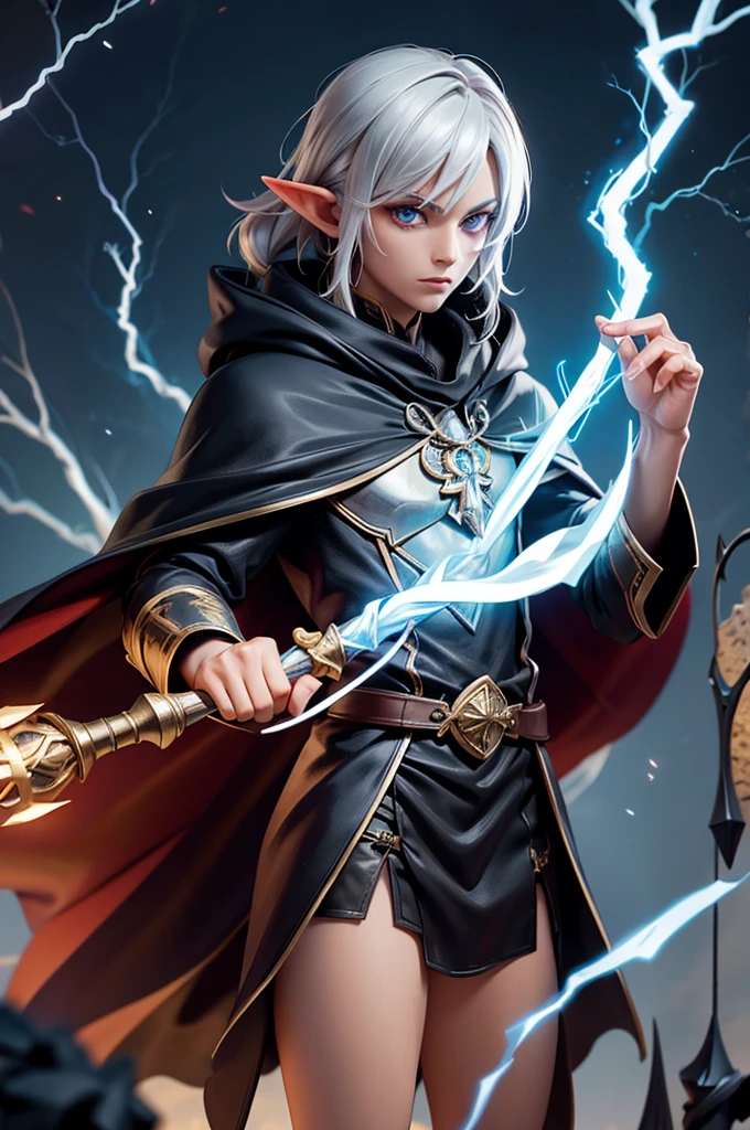 Male dark elf wizard, staff, lightning, robes, cloak, magic, (((masterpiece)))