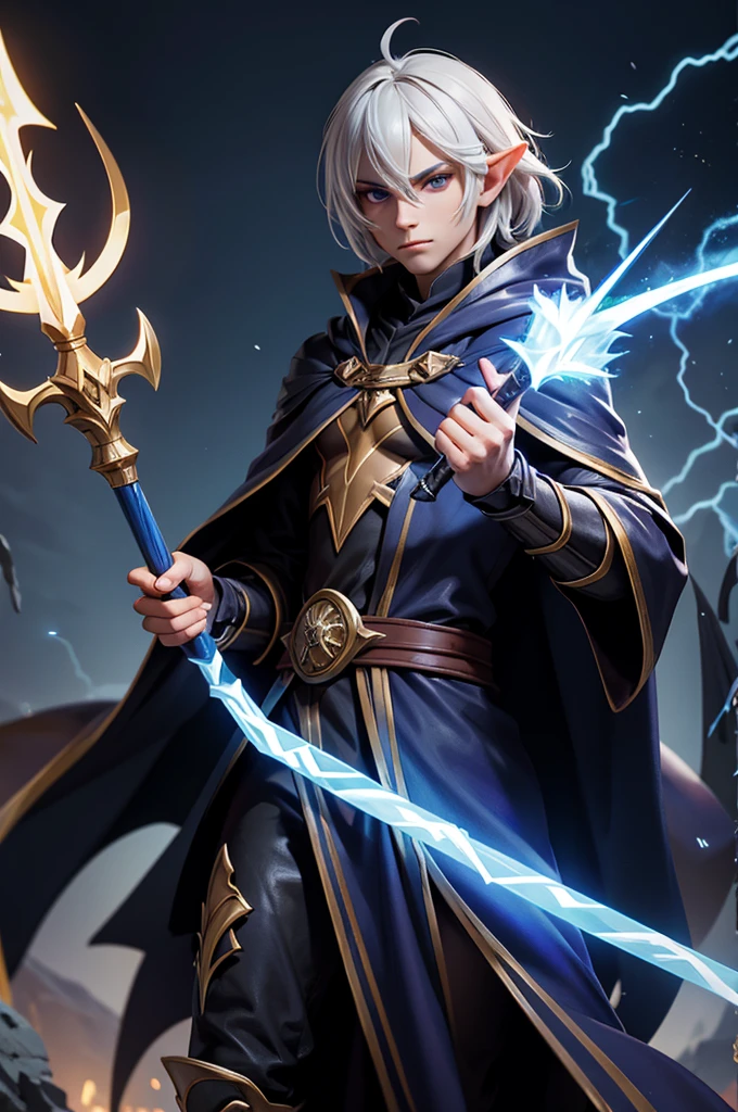 Male dark elf wizard, staff, lightning, robes, cloak, magic, (((masterpiece)))