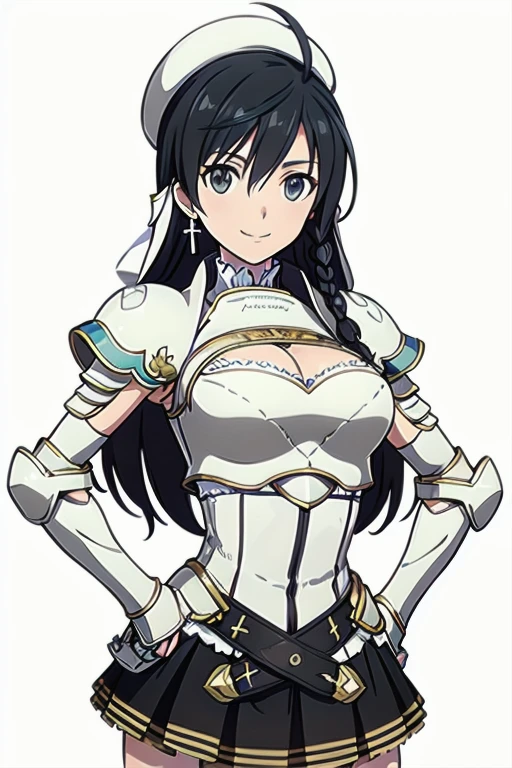 Sonia Blanche, cross earrings, hair ornament, veil, armored dress, pauldrons, breastplate, gauntlets, belt, skirt, greaves, (white beret), 1girl, solo, upper body, big breasts, facing viewer, looking at viewer, smile, hands on hips, (simple white background)