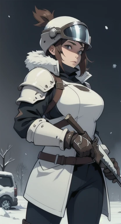 1girll, playgame, Large display, in helmet with winter mask and armor, knife, post apocalypse, snowstorm, SFW, muted colors