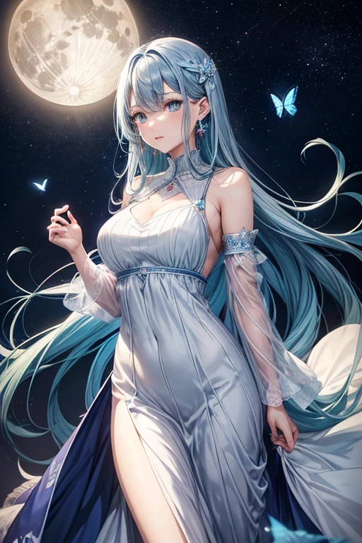 A princess with a delicate and beautiful face, large eyes, and translucent skin is looking up at the moon from a castle, enchantingly dressed in a traditional and glamorous medieval European dress and wearing a large hair ornament. A gentle, warm light surrounds the princess. The background is filled with soft out-of-focus light, and the pale blue and purple tones create a dreamy, serene, and enchanting atmosphere. Fireflies glowing in the moonlit night surround the princess, adding to the magical and ethereal atmosphere. Emphasis on the armpit and clavicle
