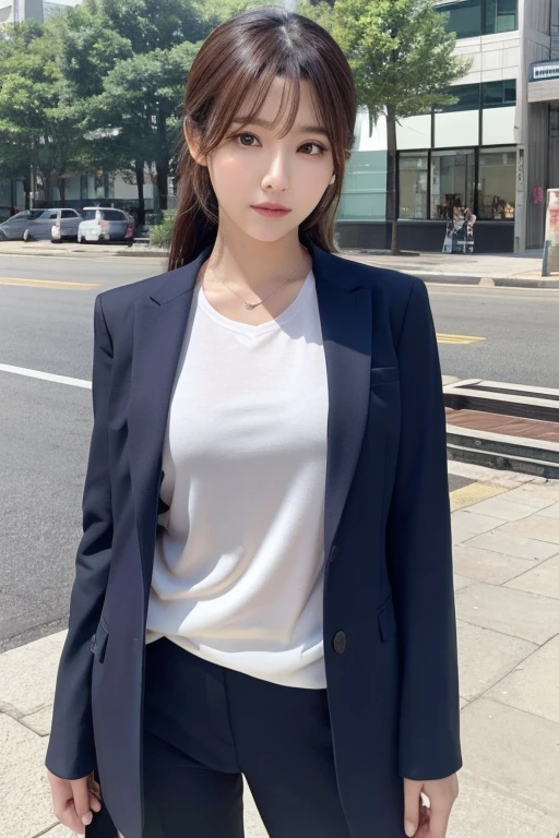 An Arabian woman in a casual clothes is standing standing outside, park, South Korean actress, Japanese actress, Girl in suit, Jaeyoung Nam, Lee Ji-eun, Lee Ji-eun, Girl in casual clothes, beautiful south Korean women, Kwak Ji-yeon, Hwang Seong, gorgeous young Korean women, Korean women, Choi Hong-hwa, korean artist, Looking at this