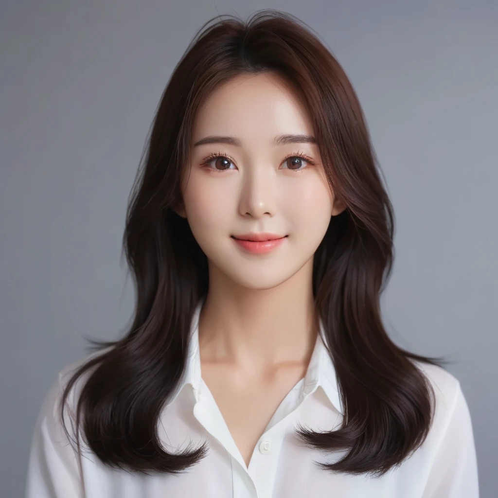 Best Quality, 8k, Masterpiece, (Portrait: 1.3), (photo realistic:1.4), (hyper realistic:1.4), Sharp Focus, looking at viewer, (smoother lighting:1.1), (increase cinematic lighting quality:0.9), realistic lighting, backlighting, light on face, ray trace, (brightening light:1.2), (Increase quality:1.4), sharp detail, (best quality real texture skin:1.4), finely detailed eyes, black_eyes, finely detailed face, 25 year old Korean woman, smiling_face