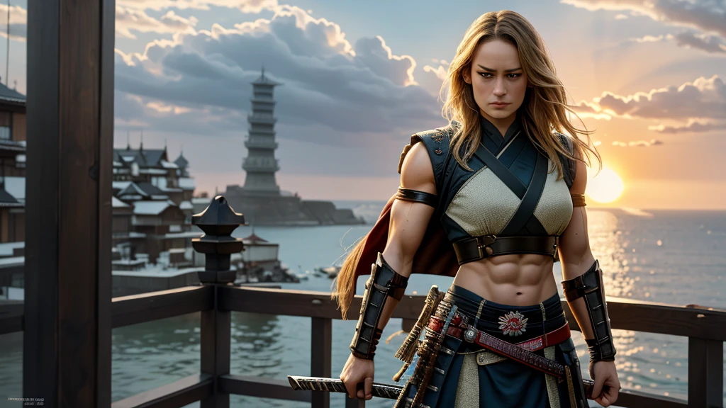 ((1 girl)), brie larson is a samurai with the perfect feminine hypermuscle physique dressed like samurai, standing atop a building looking out to the sea., dressed in lightweight samurai armor, showing abs and arms, showing thights, her body is the most alluring one as she looks into the camera, while we see her whole body. at dawn, in winter, Northern Europe, masterpiece detailed face, ultra realistic