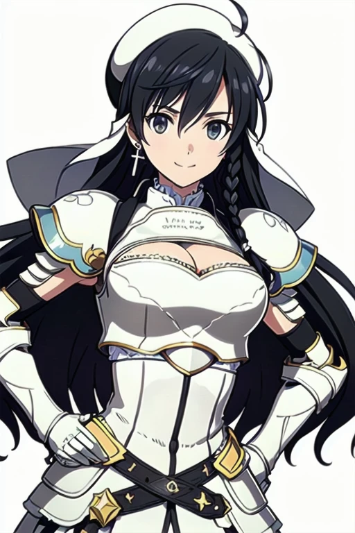 Sonia Blanche, cross earrings, hair ornament, veil, armored dress, pauldrons, breastplate, gauntlets, belt, skirt, greaves, (white beret), 1girl, solo, upper body, big breasts, facing viewer, looking at viewer, smile, hands on hips, (simple white background)